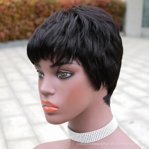 Human Hair Short Pixie Cut Wigs with Bangs Short Black Layered Wavy Wigs for Women Finer wave Hair Wig